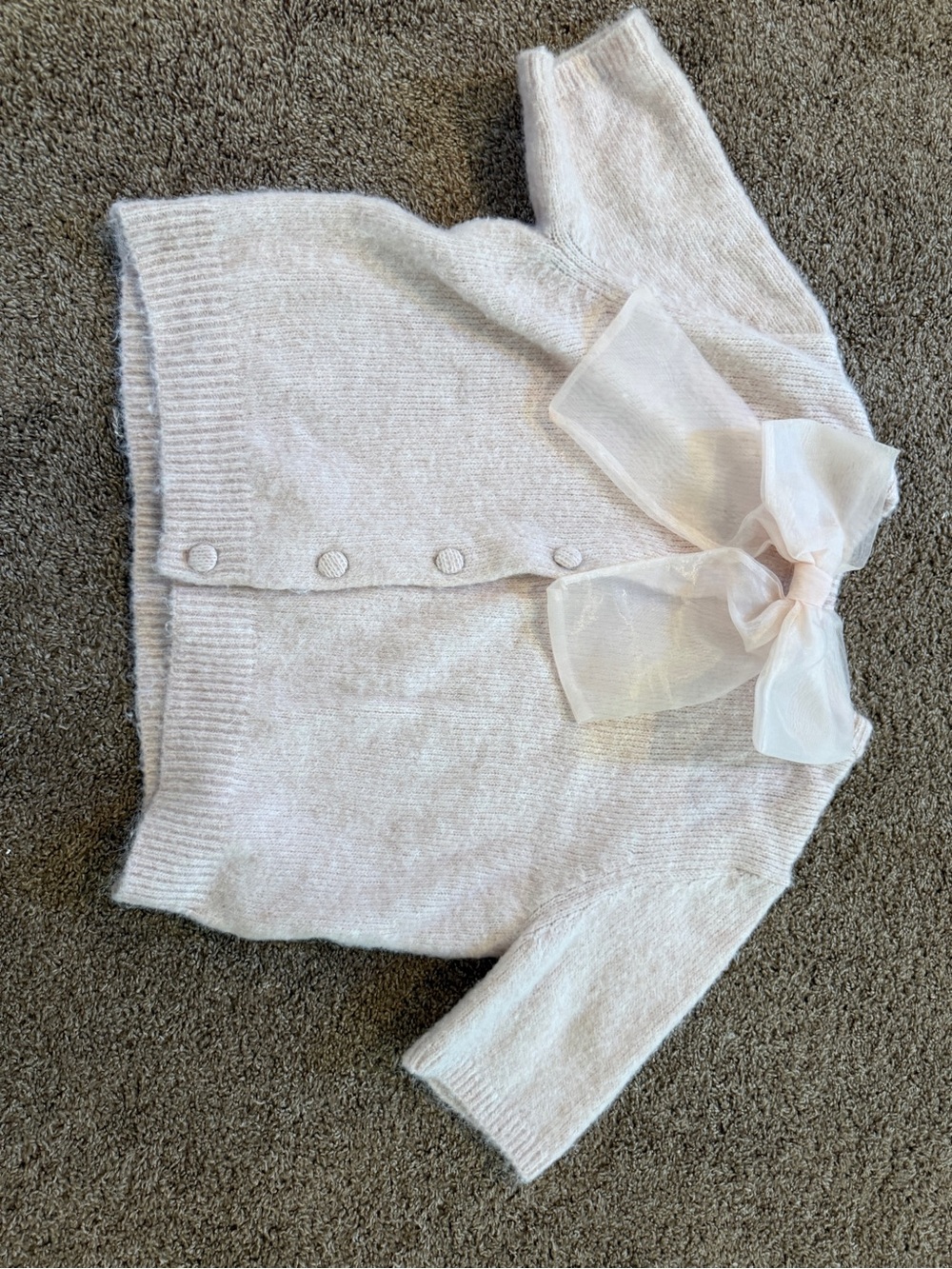 Bow-Neck Light Pink Button-Front Cardigan Sweater